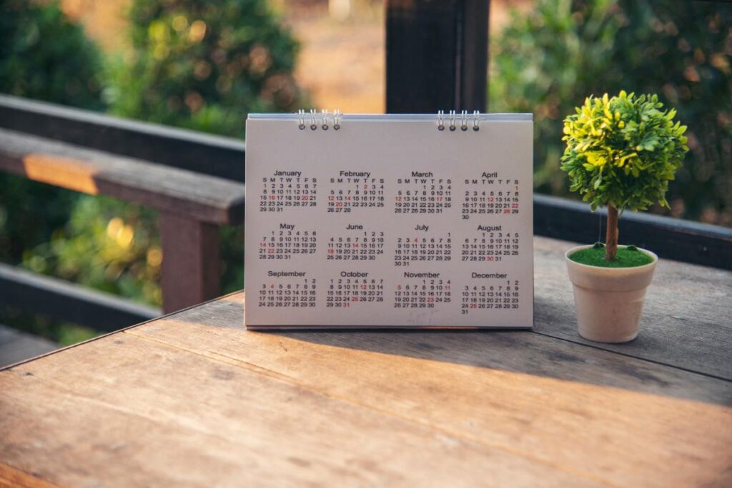 Un calendrier et une plante sur une table de bureau