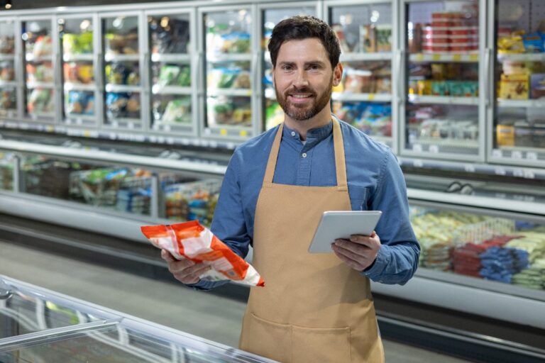 Un employé dans une supermarché tenant un emballage
