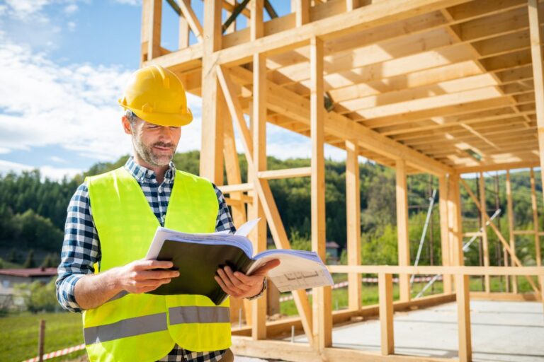 Un ingénieur de bâtiment avec un casque regardant un plan de construction