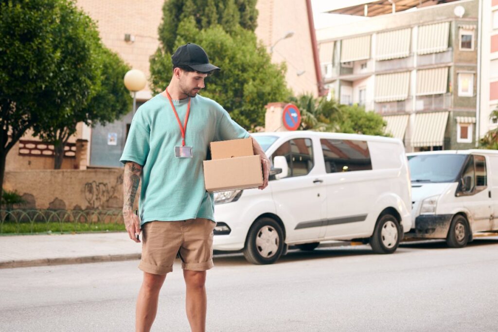 Un livreur tenant des cartons dans la rue