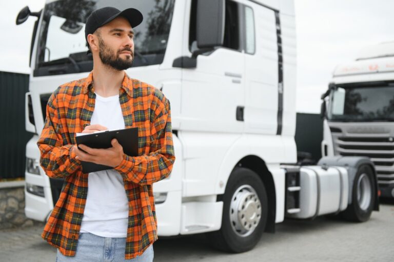 Un conducteur de poids lourds debout devant la camion