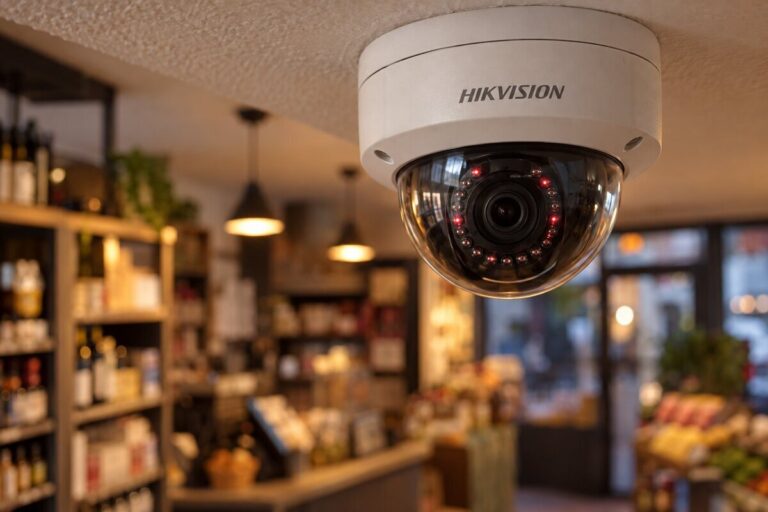 Caméra dôme marquée HIKVISION fixée au plafond d'un petit commerce, avec un anneau de LED infrarouges visible autour de l'objectif