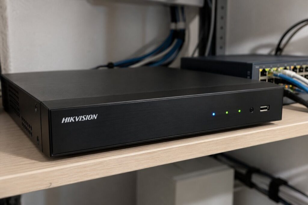 Enregistreur vidéo réseau HIKVISION posé sur une étagère dans un local technique, à côté d'un commutateur réseau